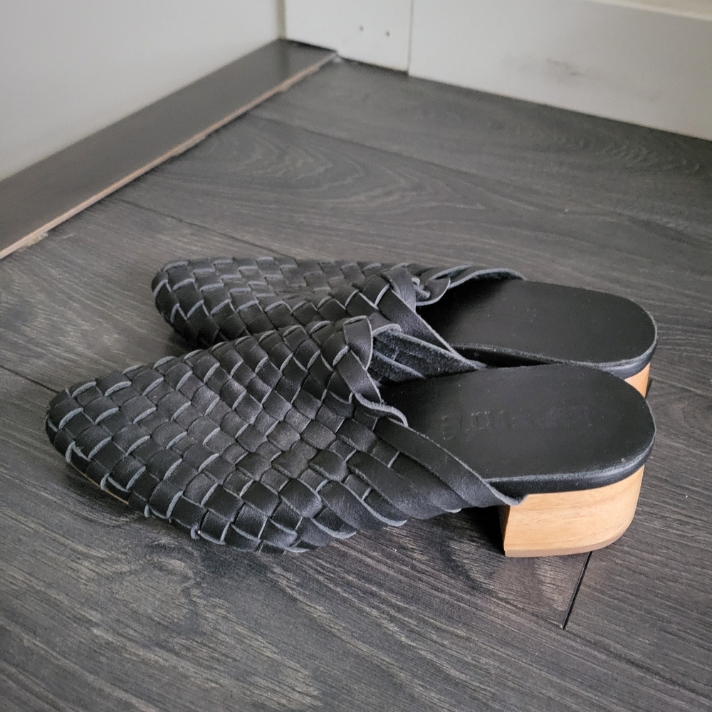 Liberte Black Woven Mules with Wooden Heel